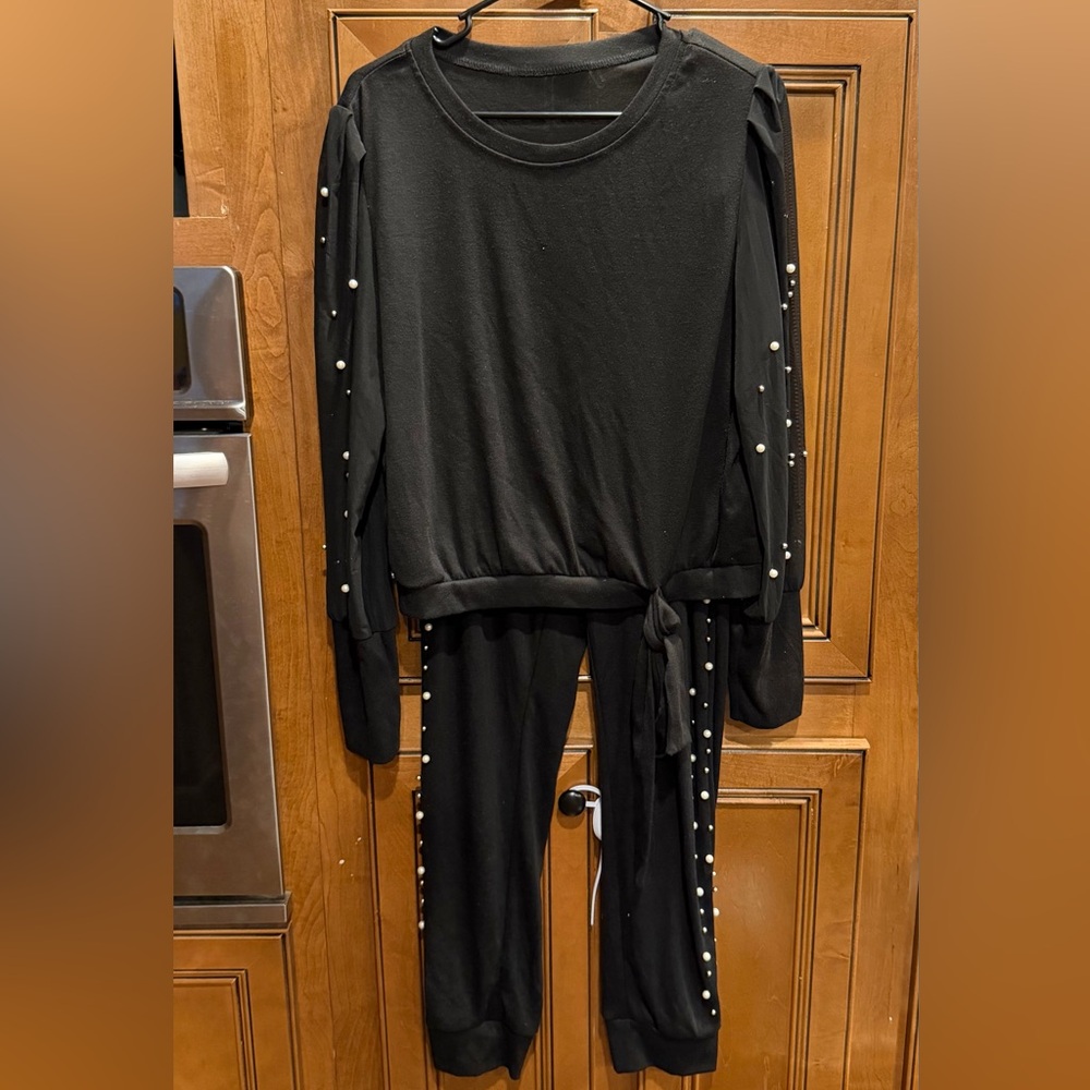 SHEIN Black Jumpsuit with Pearl Accents